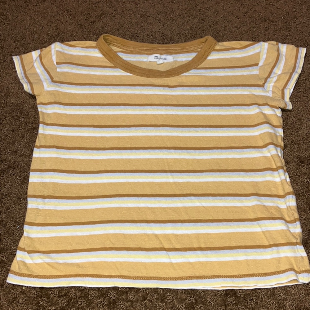 Madewell XXS striped short sleeve shirt in EUC brown, tan, muted yellow